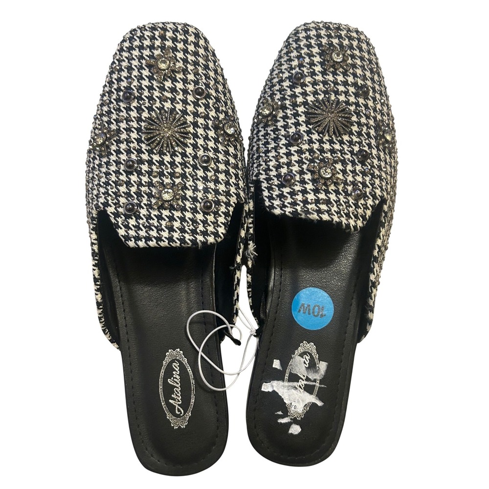 Atalina Houndstooth Mules Women 10W Black White Excellence Embellished Jeweled